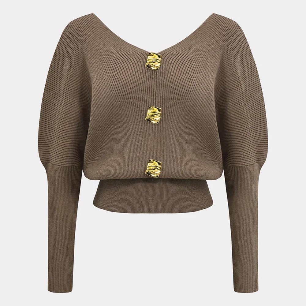 Micas Solid Button V-Neck Sweater Long-Sleeve Top… - image 1